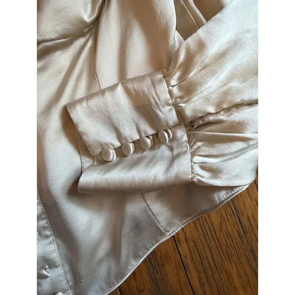 Reformation Womens Blouse sz 12 Beige Silk Puff Sleeve